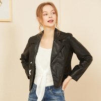 美丽衣橱帅气机车皮衣女2019春新款时尚百搭黑色高腰西装领外套