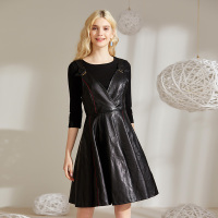 美丽衣橱背带裙女2019新款时尚百搭黑色PU显瘦潮流a字大摆连衣裙