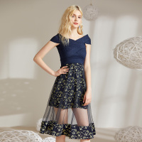 美丽衣橱ins超火连衣裙女性感一字肩露背修身显瘦纱拼接a字裙