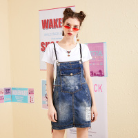 美丽衣橱破洞牛仔背带裙女2019夏新款时尚百搭bf原宿学生连衣裙