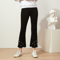 美丽衣橱喇叭裤女2019新款时尚百搭黑色高腰显瘦铁环毛边休闲裤