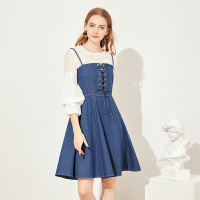 美丽衣橱时尚套装女2019夏新款灯笼袖白色衬衫牛仔吊带裙两件套