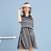 美丽衣橱港风一字肩连衣裙女2019夏新款时尚复古印花高腰a字裙潮