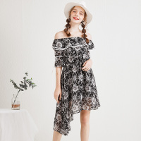 美丽衣橱韩版时尚花色连衣裙女2019夏季新品性感一字荷叶肩显瘦斜边裙子