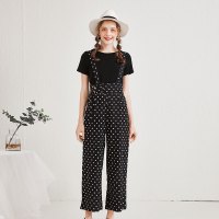 美丽衣橱网红套装女2019夏季新款短袖T恤波点元素雪纺背带裤潮