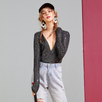 美丽衣橱chic韩版上衣女2019新款时尚亮片超闪性感低V领显瘦衬衫