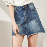 美丽衣橱牛仔裙女2019夏新款时尚不规则卷边做旧高腰显瘦半身裙