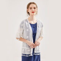 美丽衣橱白色半袖外套女2019夏新款时尚百搭纯色流苏显瘦上衣潮