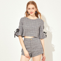 美丽衣橱时尚两件套女2019夏季新品高腰显瘦系带中袖百搭短裤套装