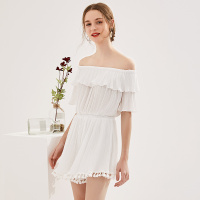 美丽衣橱连衣裤女2019夏新款时尚纯色一字肩流苏宽松显瘦连体裤