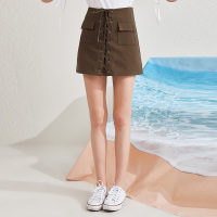 美丽衣橱军绿色短裙2019夏新款时尚百搭纯色高腰系带包臀半身裙