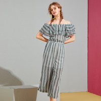 美丽衣橱一字肩连体裤女2019夏新款气质优雅高腰直筒显瘦连衣裤