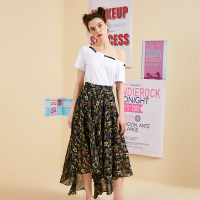 美丽衣橱不规则雪纺碎花半身裙斜肩上衣两件套气质淑女时尚套装