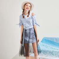 美丽衣橱露肩连衣裙女2019新款时尚百搭斜肩系带条纹高腰a字裙潮