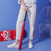 美丽衣橱裤子女宽松韩版时尚2019春夏新款港风开叉竖条运动裤潮