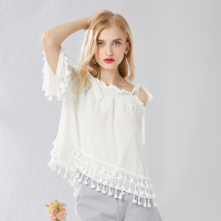 美丽衣橱一字领上衣女2019秋新款时尚百搭纯色流苏宽松显瘦衬衫