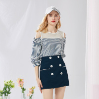 美丽衣橱圆领露肩上衣高腰包臀裙两件套女2019秋新款时尚套装潮