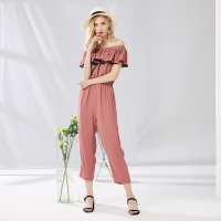 美丽衣橱一字肩连体裤女2019秋新款时尚百搭纯色宽松显瘦连衣裤