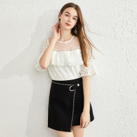 美丽衣橱时尚套装女2019秋新款甜美蕾丝上衣不规则裙子两件套潮