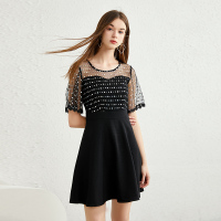 美丽衣橱a字裙女2019秋新款气质优雅纯色亮片圆领短袖连衣裙潮