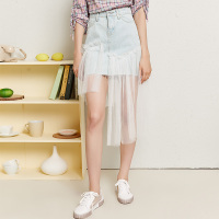 美丽衣橱不规则牛仔裙女2019新款时尚百搭纱拼接洋气高腰裙子