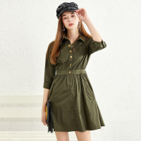 美丽衣橱军绿色连衣裙女2019秋新款时尚百搭纯色修身显瘦a字裙潮