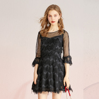 美丽衣橱圆领半袖流苏连衣裙女2019新款气质优雅黑色高腰a字裙潮