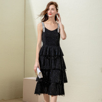 美丽衣橱时尚亮闪闪蛋糕裙网红星空黑色小礼服中长款吊带连衣裙