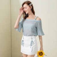 美丽衣橱雪纺条纹荷叶袖一字领上衣高腰系带包臀裙洋气两件套装