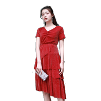 美丽衣橱2020夏新款网红亮片蛋糕裙法式V领短袖连衣裙仙女长裙