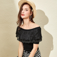 美丽衣橱一字领蕾丝花边上衣女2020夏新款时尚韩版学生针织衫潮
