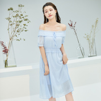 美丽衣橱一字肩连衣裙女2020新款夏装收腰显瘦遮肚超仙雪纺裙子