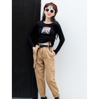 美丽衣橱帅气工装裤黑色抽绳T恤两件套2020冬季新款套装学生百搭