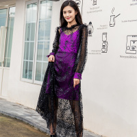 美丽衣橱年会礼服网纱拼接长袖连衣裙女2020冬装新款显瘦长裙子