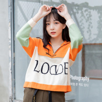 美丽衣橱拼色字母高腰毛领女套装短款小个子针织衫2020冬装新款