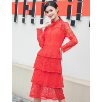 美丽衣橱红色蕾丝洋气蛋糕裙女新款时尚气质名媛小香风连衣裙潮