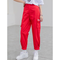 美丽衣橱亮色学生工装裤女装2021夏松紧高腰显瘦束脚九分裤