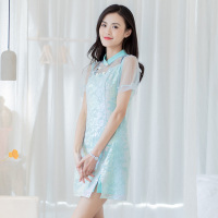 美丽衣橱优雅改良旗袍短袖连衣裙女装新款2021夏显瘦短裙百搭