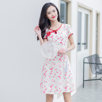 美丽衣橱复古改良旗袍短袖碎花连衣裙女修身显瘦短裙子2021夏
