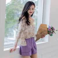 美丽衣橱小清新雪纺一字肩衬衫女2021夏装新款喇叭袖高腰衬衣潮