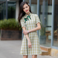 美丽衣橱改良旗袍小清新格子连衣裙女高腰a字裙收腰显瘦短裙子