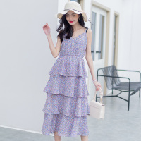 美丽衣橱碎花吊带裙高腰显瘦蛋糕裙百搭中长连衣裙女装新款夏