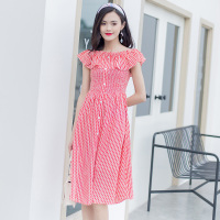 美丽衣橱荷叶边休闲连衣裙女装新款2021夏短袖高腰中长裙子百搭