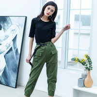 美丽衣橱2021春季休闲百搭学生套装女圆领短袖T恤高腰工装七分裤两件套