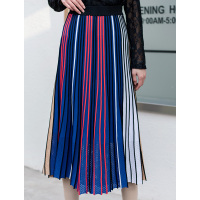美丽衣橱彩色条纹休闲半身裙女装2021春季新款松紧高腰显瘦中长裙子百搭