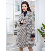 美丽衣橱经典千鸟格大衣女长袖中长款风衣外套修身显瘦2021春装