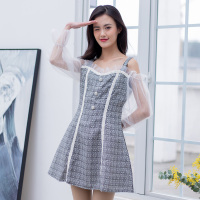 美丽衣橱网纱拼接露肩连衣裙女修身显瘦a字裙百搭短裙2021春装连衣裙