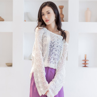 美丽衣橱个性镂空露肩针织衫女装2021春季长袖毛衣宽松显瘦上衣外穿