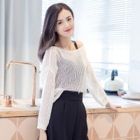 美丽衣橱个性镂空露肩针织衫女装2021春季长袖毛衣宽松显瘦上衣外穿