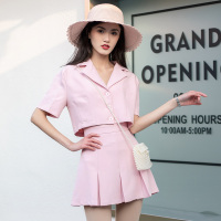 美丽衣橱小香风套装女短款翻领外套女时尚百搭褶皱短裙女2021春两件套